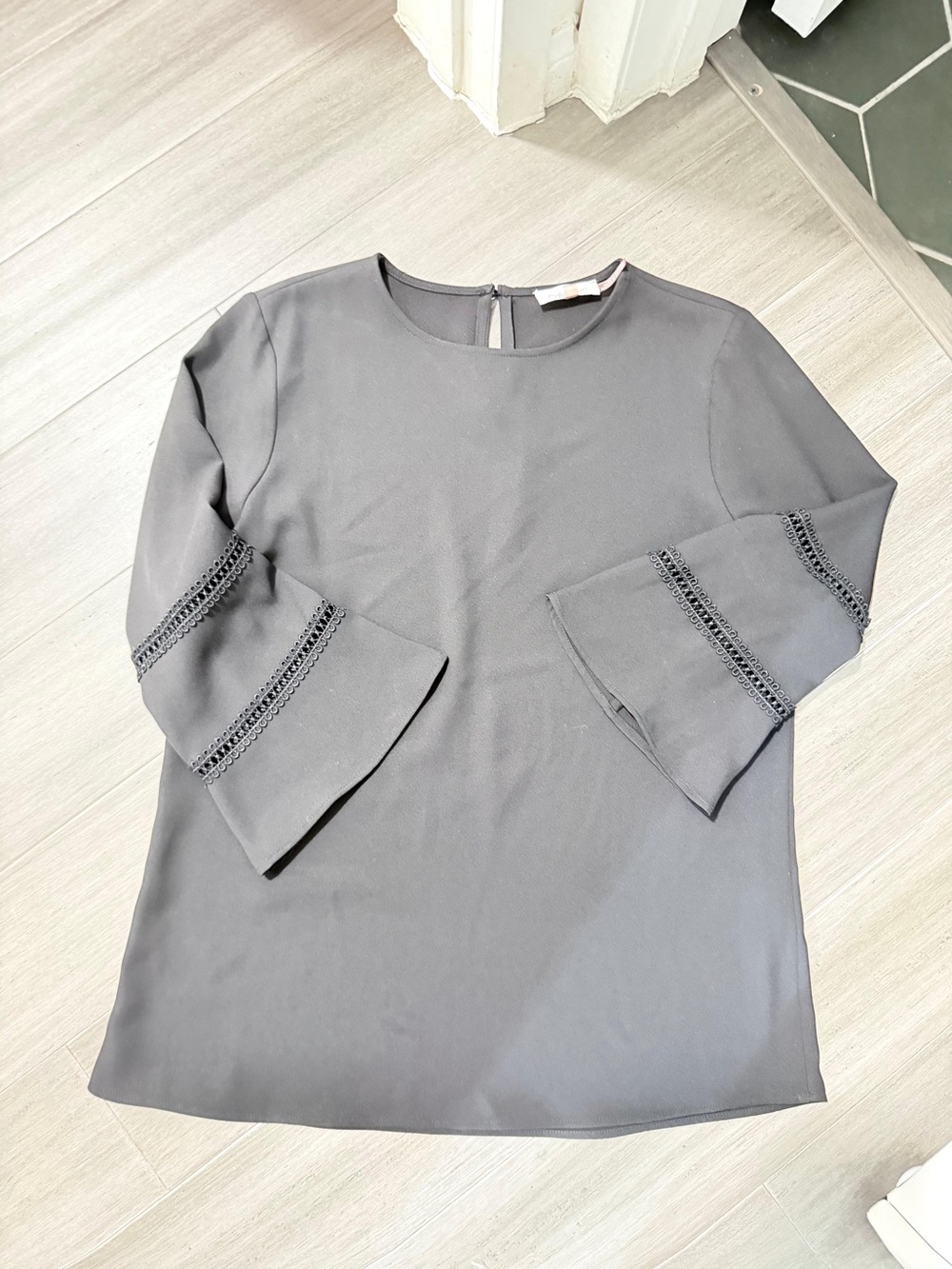 Calvin Klein Gray Bell Sleeve Blouse with Lace Trim